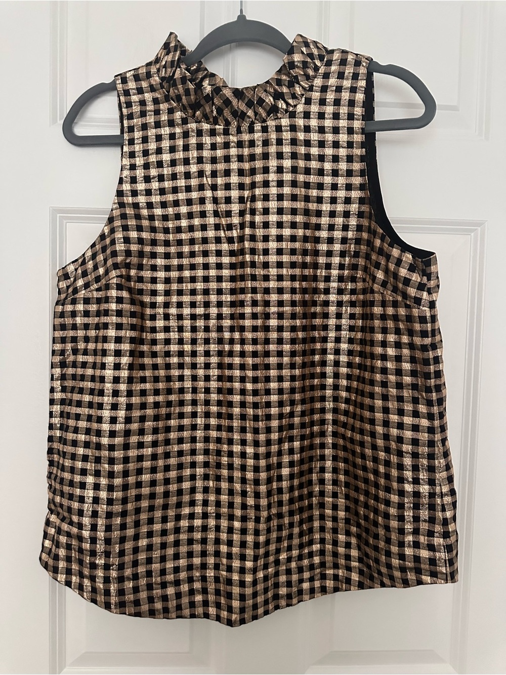 J. Crew Black & Gold Check Ruffle-Neck Sleeveless Top